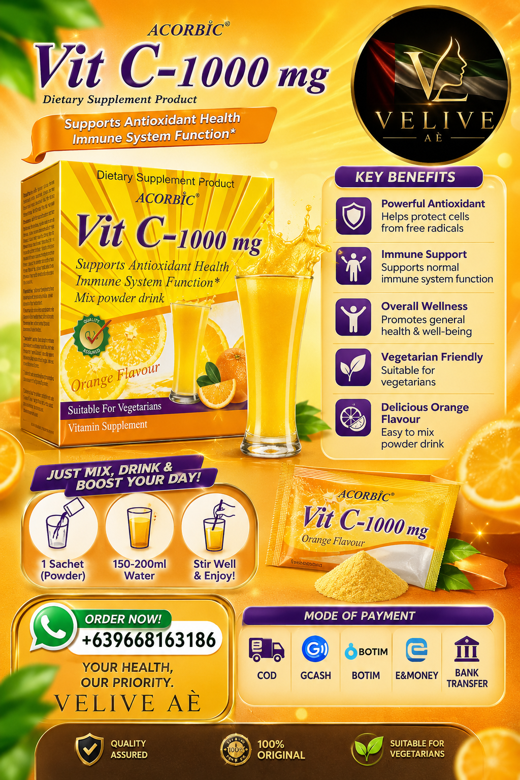 ACORBIC VIT C-1000MG MIX POWDER DRINKS🇨🇷