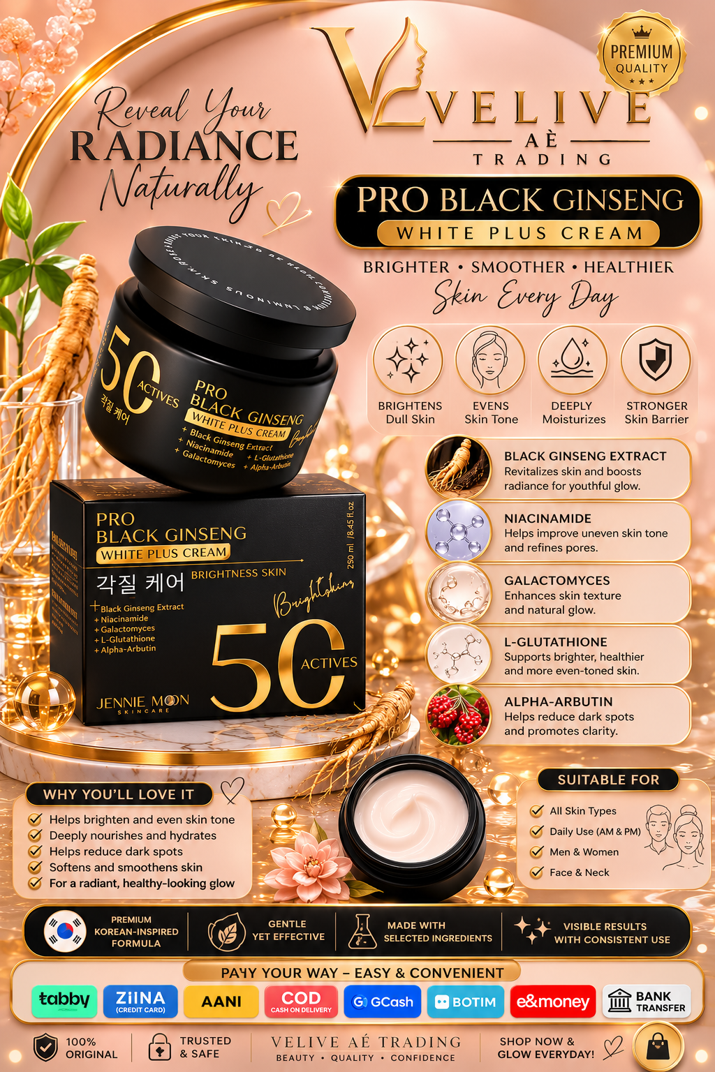 JENNIE MOON PRO BLACK GINSENG WHITE PLUS CREAM🇨🇷